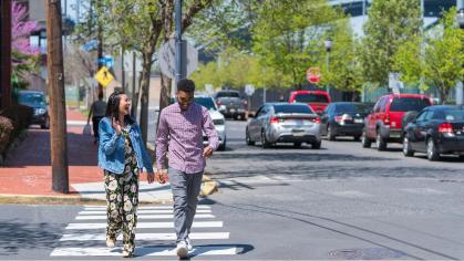 two students walking on campus at Rutgers–Camden